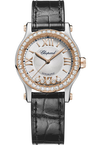 Chopard Happy Sport Watch 30 mm Rose Gold and Steel Watch Diamond Bezel Silver Dial Black Alligator Strap 278573-6015