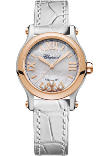 Chopard Happy Sport Round Watch 30.00 mm Rose Gold And Steel Case Mother of Pearl Dial White Strap 278573-6018