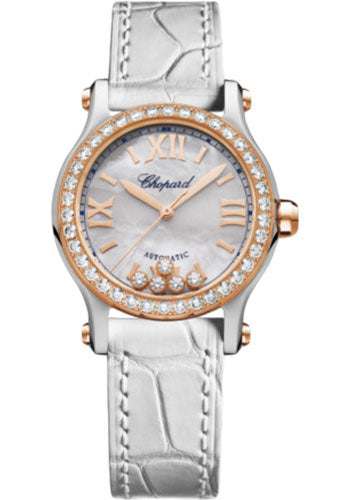 Chopard Happy Sport Round Watch 30.00 mm Rose Gold And Steel Diamond Case Mother of Pearl Dial White Strap 278573-6020