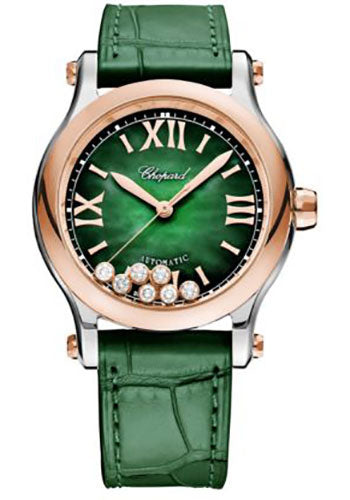 Chopard Happy Sport Watch 36.00 mm Rose Gold Diamond Case Green Textured Mother Of Pearl Dial Green Strap 278578-6002