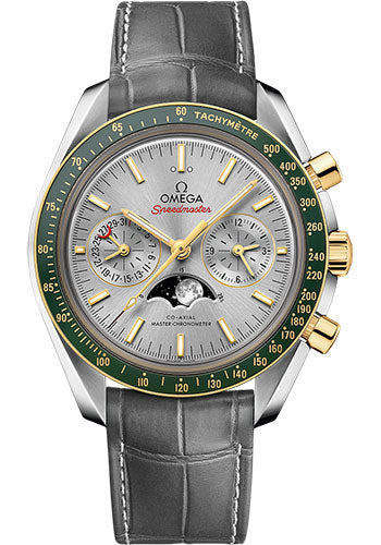 Omega Speedmaster Moonphase Master Chronometer Chronograph Watch 44.25 mm Steel Case Yellow Gold Bezel Grey Diamond Dial Grey Leather Strap Foldover clasp 304.23.44.52.06.001