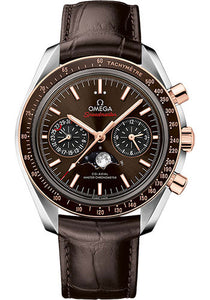 Omega Speedmaster Moonphase Master Chronometer Chronograph Watch 44.25 mm Steel Case Sedna Gold Bezel Brown Diamond Dial Brown Leather Strap Foldover clasp 304.23.44.52.13.001