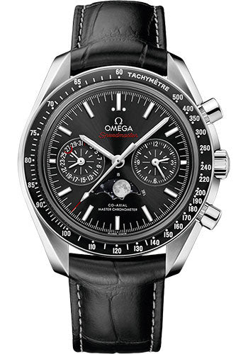 Omega Speedmaster Moonphase Master Chronometer Chronograph Watch 44.25 mm Steel Case Black Bezel Black Dial Black Leather Strap 304.33.44.52.01.001