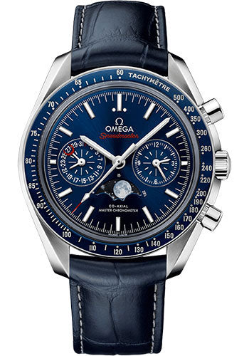 Omega Speedmaster Moonphase Master Chronometer Chronograph Watch 44.25 mm Steel Case Blue Bezel Blue Dial Blue Leather Strap with Foldover clasp 304.33.44.52.03.001