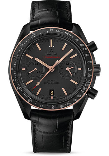 Omega Speedmaster Moonwatch Omega Co Axial Chronograph Watch 44.25 mm Black Ceramic Case Sedna Gold Bezel Grey Dial Black Leather Strap 311.63.44.51.06.001