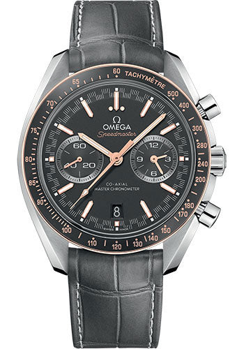 Omega Speedmaster Racing Co Axial Master Chronograph Watch 44.25 mm Steel Case Sedna Gold Bezel Matt Grey Dial Grey Leather Strap 329.23.44.51.06.001