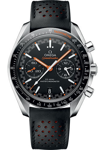 Omega Speedmaster Racing Co Axial Master Chronograph Watch 44.25 mm Steel Case Black Ceramic Bezel Matt Black Dial Black Micro Perforated Leather Strap 329.32.44.51.01.001