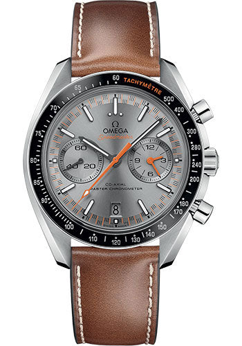 Omega Speedmaster Racing Co Axial Master Chronograph Watch 44.25 mm Steel Case Black Ceramic Bezel Sun Brushed Grey Dial Brown Leather Strap 329.32.44.51.06.001