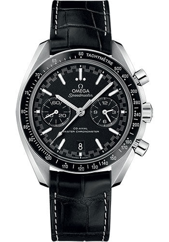 Omega Speedmaster Racing Co Axial Master Chronograph Watch 44.25 mm Steel Case Black Ceramic Bezel Black Dial Black Leather Strap