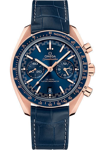 Omega Speedmaster Racing Co Axial Master Chronograph Watch 44.25 mm Sedna Gold Case Sun Brushed Blue Dial Blue Leather Strap 329.53.44.51.03.001