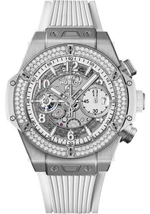 Hublot Big Bang Unico Titanium White Diamonds Watch 42 mm White Dial White Rubber Strap 441.NE.2011.RW.1104