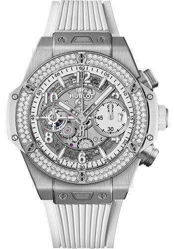 Hublot Big Bang Unico Titanium White Diamonds Watch 42 mm White Dial White Rubber Strap 441.NE.2011.RW.1104