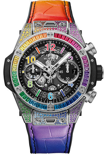 Hublot Big Bang Unico Titanium Rainbow Watch 42 mm Black Skeleton Dial Black Rubber and Multicolored Leather Strap 441.NX.1117.LR.0999