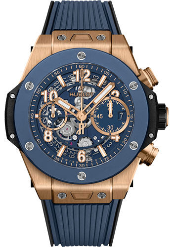 Hublot Big Bang Unico King Gold Blue Ceramic Watch 42 mm Blue Skeleton Dial Black and Blue Rubber Strap 441.OL.5181.RX