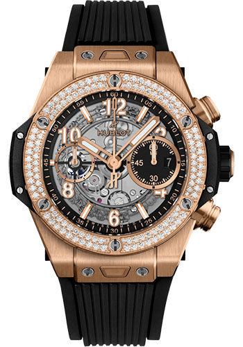 Hublot Big Bang Unico King Gold Diamonds Watch 42 mm Black Skeleton Dial Black Rubber Strap 441.OX.1181.RX.1104