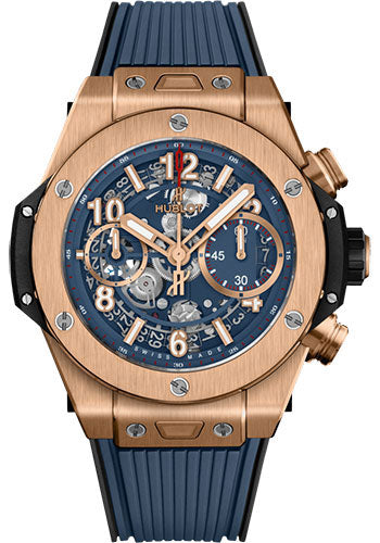 Hublot Big Bang Unico King Gold Blue Watch 42 mm Blue Skeleton Dial Black and Blue Rubber Strap 441.OX.5189.RX