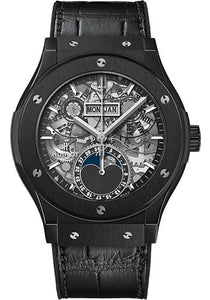 Hublot Classic Fusion Aerofusion Moonphase Black Magic Watch 42 mm Sapphire Dial Black Rubber and Leather Strap 547.CX.0170.LR