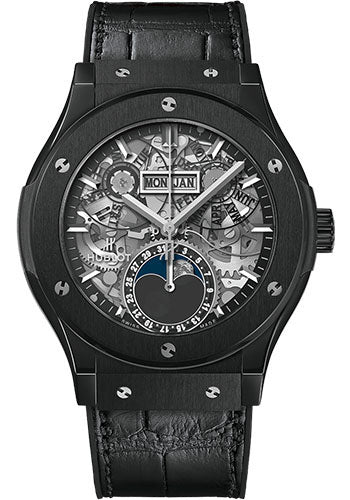 Hublot Classic Fusion Aerofusion Moonphase Black Magic Watch 42 mm Sapphire Dial Black Rubber and Leather Strap 547.CX.0170.LR