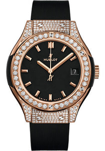 Hublot Classic Fusion King Gold Pavé Watch 33 mm Black Dial Black Rubber and Leather Strap  581.OX.1181.RX.1704