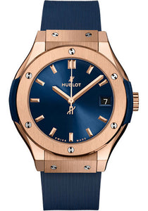 Hublot Classic Fusion King Gold Blue Watch 33 mm Blue Dial Blue Lined Rubber Strap 581.OX.7180.RX