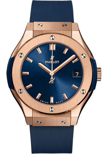 Hublot Classic Fusion King Gold Blue Watch 33 mm Blue Dial Blue Lined Rubber Strap 581.OX.7180.RX