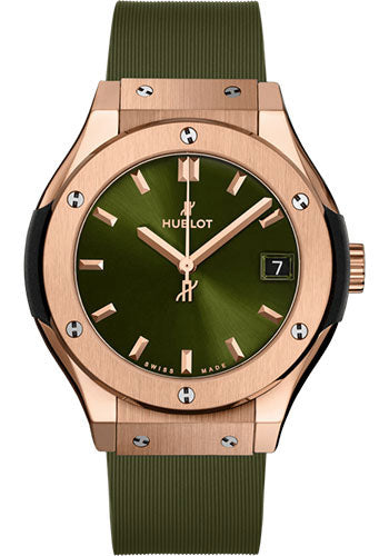 Hublot Classic Fusion King Gold Green Watch 33 mm Green Dial Green Lined Rubber Strap 581.OX.8980.RX