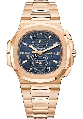 Patek Philippe Nautilus Self-Winding Travel Time Chronograph Rose Gold Case Blue Dial Rose Gold Bracelet 5990/1R-001