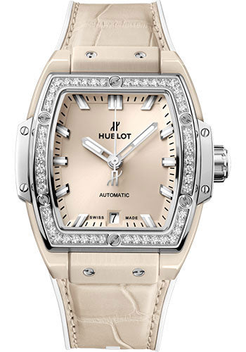 Hublot Spirit of Big Bang Beige Ceramic Titanium Diamonds Watch 39 mm Beige Dial White Rubber and Beige Alligator Strap 665.CZ.891B.LR.1204