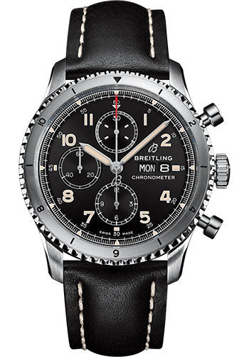 Breitling Aviator 8 Chronograph 43 Watch Stainless Steel Black Dial Black Calfskin Leather Strap Folding Buckle A13316101B1X2