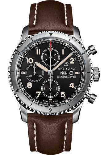 Breitling Aviator 8 Chronograph 43 Watch Stainless Steel Black Dial Brown Calfskin Leather Strap Folding Buckle A13316101B1X4