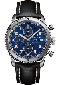 Breitling Aviator 8 Chronograph 43 Watch Stainless Steel Blue Dial Black Calfskin Leather Strap Folding Buckle A13316101C1X3