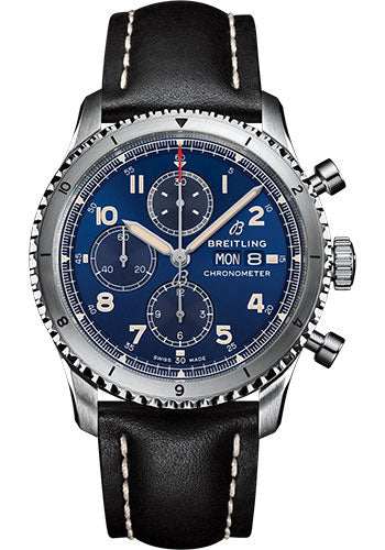 Breitling Aviator 8 Chronograph 43 Watch Stainless Steel Blue Dial Black Calfskin Leather Strap Folding Buckle A13316101C1X3