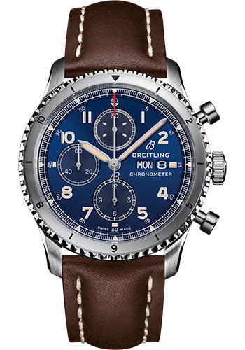 Breitling Aviator 8 Chronograph 43 Watch Stainless Steel Blue Dial Brown Calfskin Leather Strap Folding Buckle A13316101C1X4