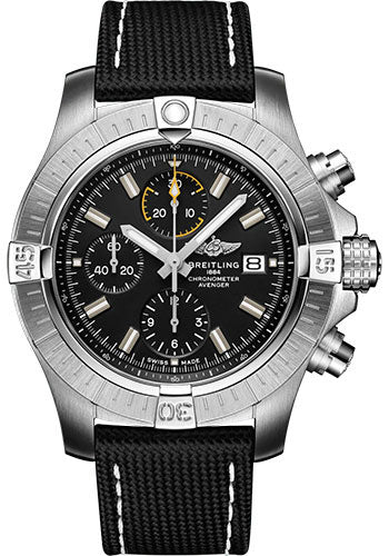 Breitling Avenger Chronograph 45 Watch Stainless Steel Black Dial Anthracite Calfskin Leather Strap Tang Buckle A13317101B1X1