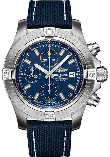 Breitling Avenger Chronograph 45 Watch Stainless Steel Blue Dial Blue Calfskin Leather Strap Tang Buckle A13317101C1X1