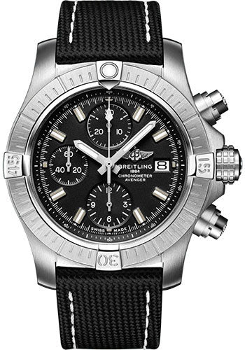 Breitling Avenger Chronograph 43 Watch Stainless Steel Black Dial Anthracite Calfskin Leather Strap Tang Buckle A13385101B1X1