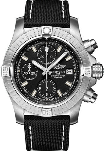 Breitling Avenger Chronograph 43 Watch Stainless Steel Black Dial Anthracite Calfskin Leather Strap Folding Buckle A13385101B1X2