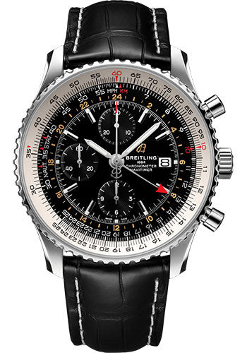 Breitling Navitimer Chronograph GMT 46 Watch Steel Black Dial Black Croco Strap Tang Buckle A24322121B2P1