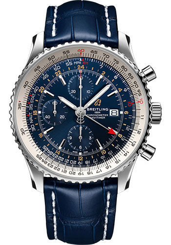 Breitling Navitimer Chronograph GMT 46 Watch Steel Blue Dial Blue Croco Strap Tang Buckle A24322121C2P1