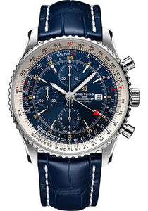 Breitling Navitimer Chronograph GMT 46 Watch Steel Blue Dial Blue Alligator Strap Folding Buckle A24322121C2P2