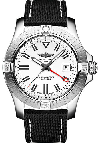 Breitling Avenger Automatic GMT 43 Watch Stainless Steel White Dial Anthracite Calfskin Leather Strap Folding Buckle A32397101A1X2