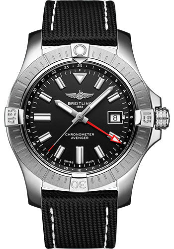 Breitling Avenger Automatic GMT 43 Watch Stainless Steel Black Dial Anthracite Calfskin Leather Strap Folding Buckle A32397101B1X2