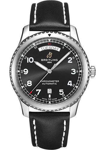 Breitling Aviator 8 Automatic Day & Date 41 Watch Stainless Steel Black Dial Black Calfskin Leather Strap Folding Buckle A45330101B1X2