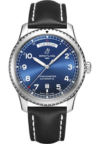 Breitling Aviator 8 Automatic Day & Date 41 Watch Stainless Steel Blue Dial Black Calfskin Leather Strap Folding Buckle A45330101C1X4