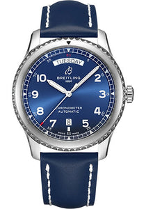 Breitling Aviator 8 Automatic Day & Date 41 Watch Stainless Steel Blue Dial Blue Calfskin Leather Strap Folding Buckle A45330101C1X5