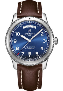 Breitling Aviator 8 Automatic Day & Date 41 Watch Stainless Steel Blue Dial Brown Calfskin Leather Strap Folding Buckle A45330101C1X6