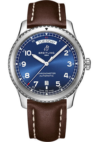 Breitling Aviator 8 Automatic Day & Date 41 Watch Stainless Steel Blue Dial Brown Calfskin Leather Strap Folding Buckle A45330101C1X6