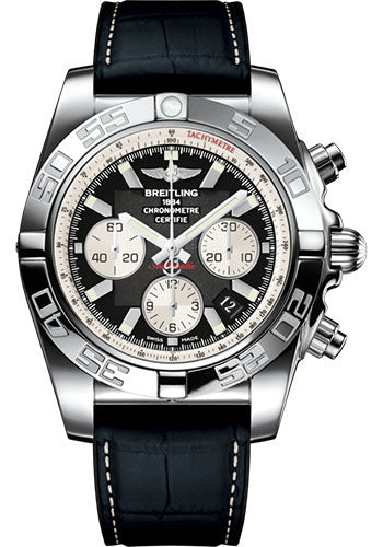 Breitling Chronomat 44 Watch Steel polished Onyx Black Dial Gray Croco Strap Folding Buckle AB011012/B967/296S/A20D.4