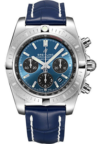 Breitling Chronomat B01 Chronograph 44 Watch Steel Blackeye Blue Dial Blue Croco Strap Folding Buckle AB0115101C1P3