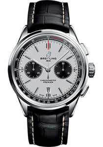 Breitling Premier B01 Chronograph Watch 42mm Steel Case Silver Dial Black Croco Strap AB0118221G1P2